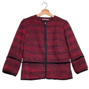 Tahari ASL Tweed Plaid Collarless Blazer Jacket Long Sleeve Black Red XS
